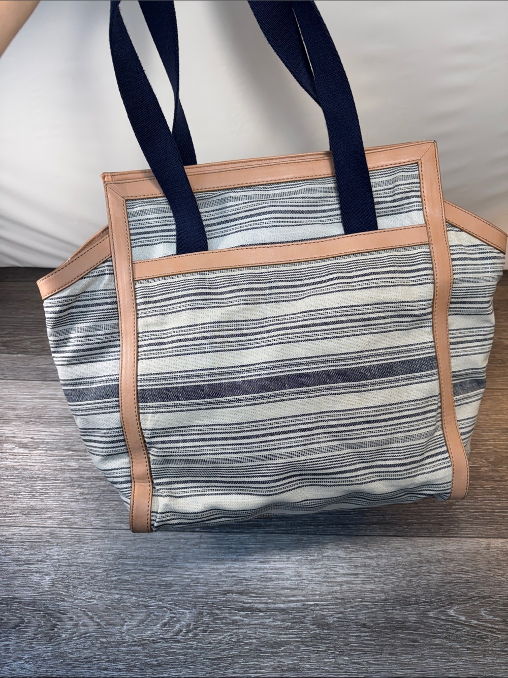 Fossil Striped Canvas Tote with Tan Trim and Navy Handles - Picture 3 of 7